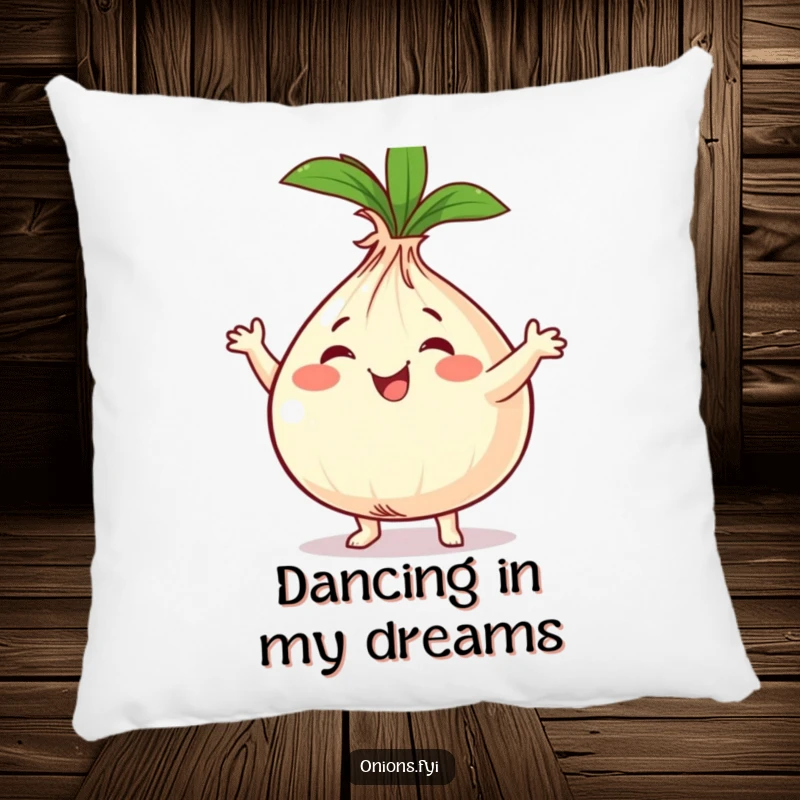 Funny onion character dancing happily on a plush pillow, creating a cozy and humorous atmosphere.