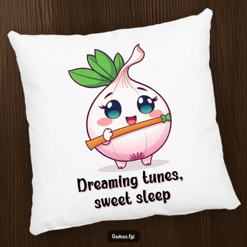 Funny onion character with wide eyes plays a tiny leaf flute, bringing musical comfort and humor.