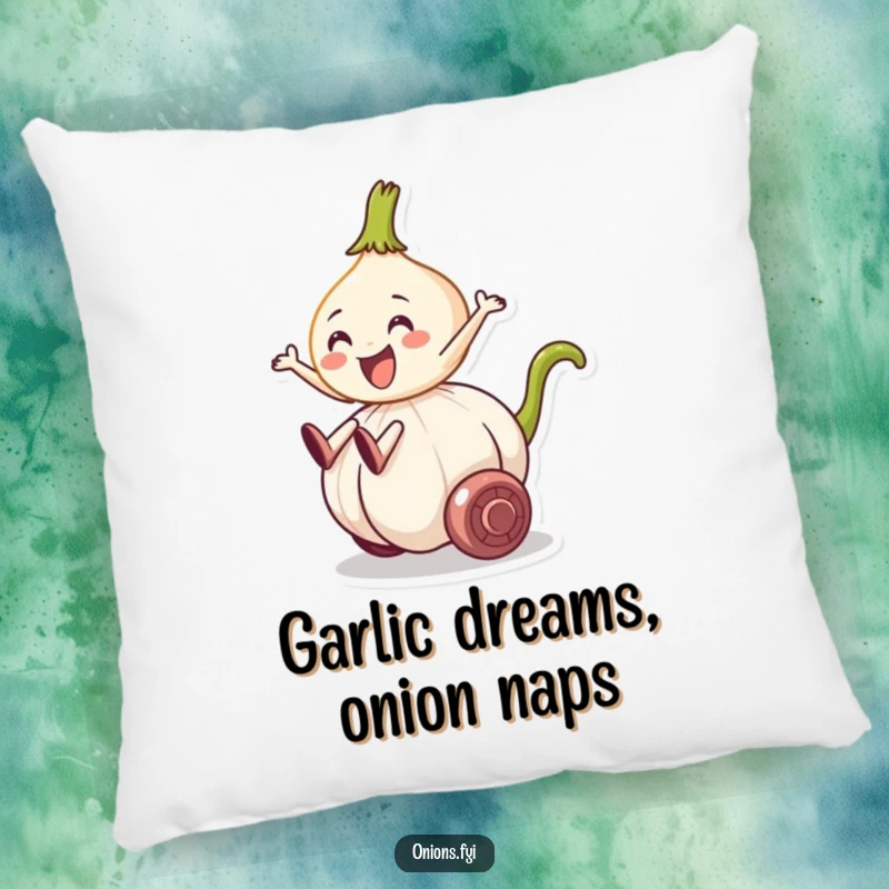 Funny pillow with an onion character riding a rolling garlic clove, a humorous and cozy decorative item.