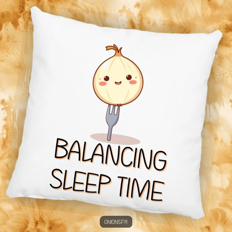 Funny onion on fork pillow, a round onion character precariously balanced on a tiny fork, soft and humorous decor.