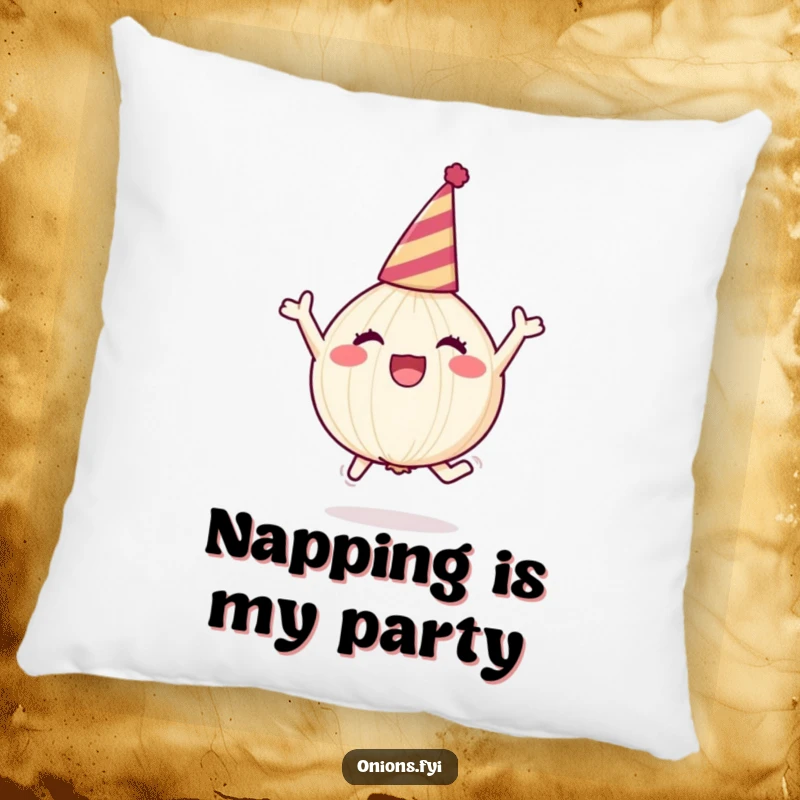 Funny onion character in party hat, leaping joyfully, plush pillow, soft and funny gift.