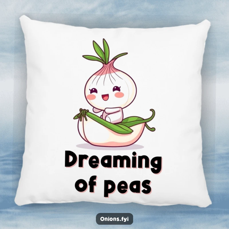 Funny Onion Pillow: Playful onion character bounces on a tiny rolling pea, a plush and funny decorative item.