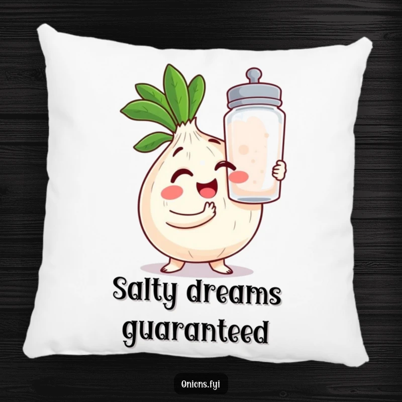 Funny Onion Pillow: A whimsical kawaii onion winks while holding a huge salt shaker, perfect for adding funny charm.