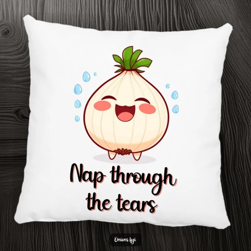 Funny pillow design of a laughing onion character, its eyes streaming water, captured in a moment of extreme mirth.