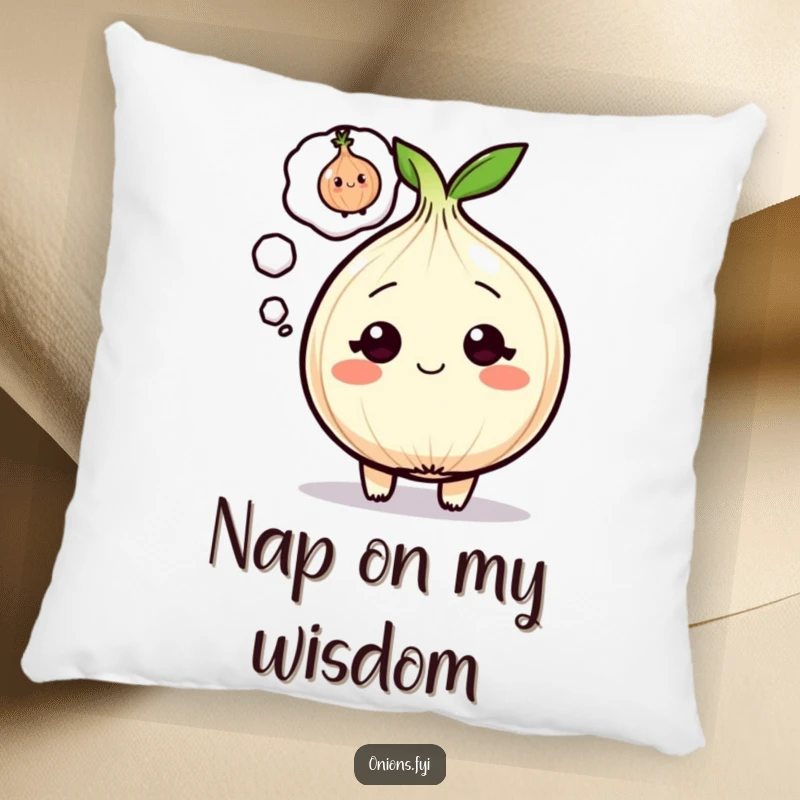 Funny Onion Pillow featuring a cartoon onion character with a thought bubble showing a winking onion, for a cozy laugh.