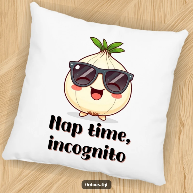 Funny Onion Pillow: Giggling onion character wearing oversized comical sunglasses, a plush and funny decorative item.