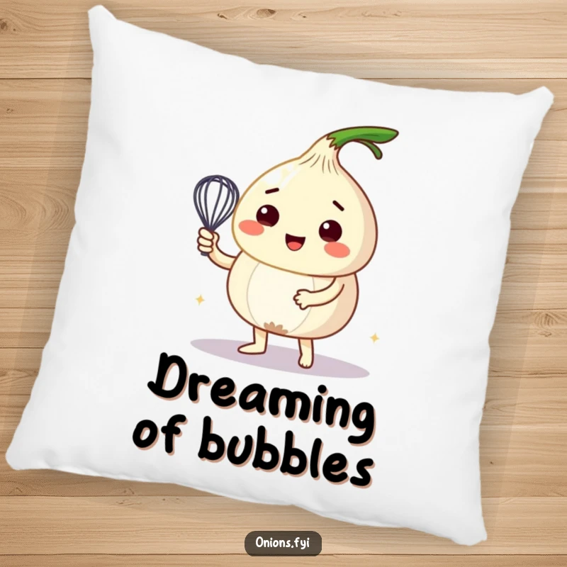 Funny pillow featuring an onion character joyfully whisking a bubbly concoction, bringing comfort and kitchen-themed humor.