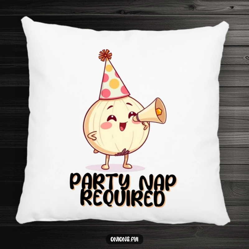 Funny Pillow: Onion character in a party hat honking a horn, bringing festive vibes and humor. A cozy funny gift.