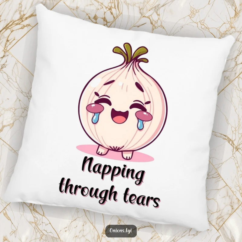 Funny rainbow tears onion pillow, a smiling onion character crying vibrant rainbow tears, soft and expressive home decor.