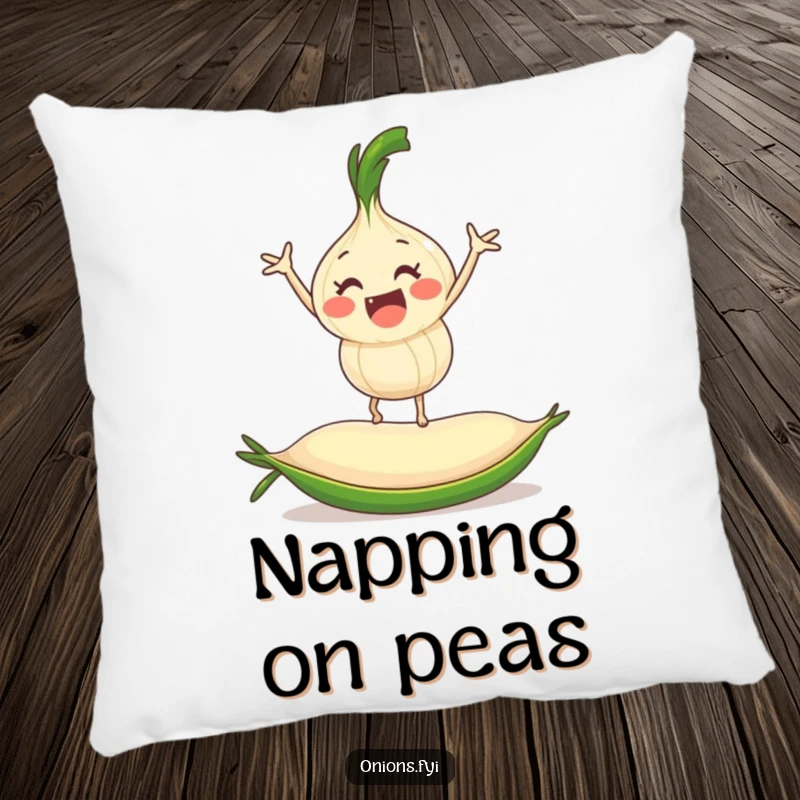 Plush funny onion character balancing on a rolling pea, a soft and humorous decorative pillow.