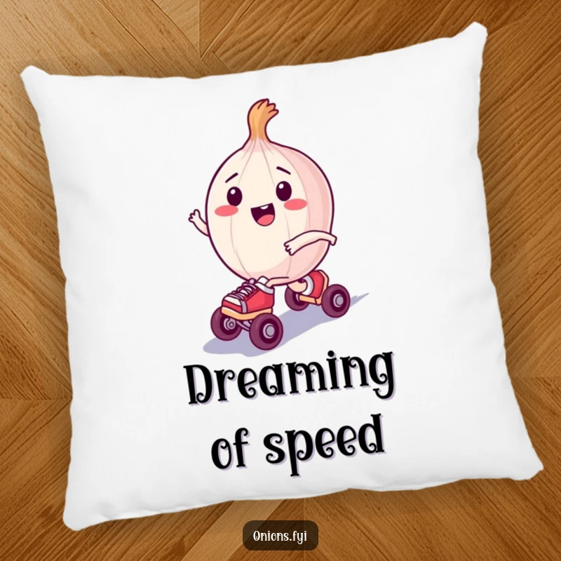 Funny pillow showing a happy onion character in small roller skates, zooming with joy, bringing comfort and laughter.