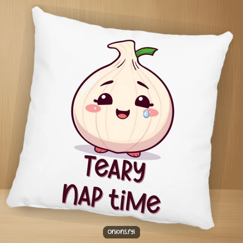 Funny pillow with a smiling onion character shedding a single, sparkling tear, offering comfort and emotional expression.