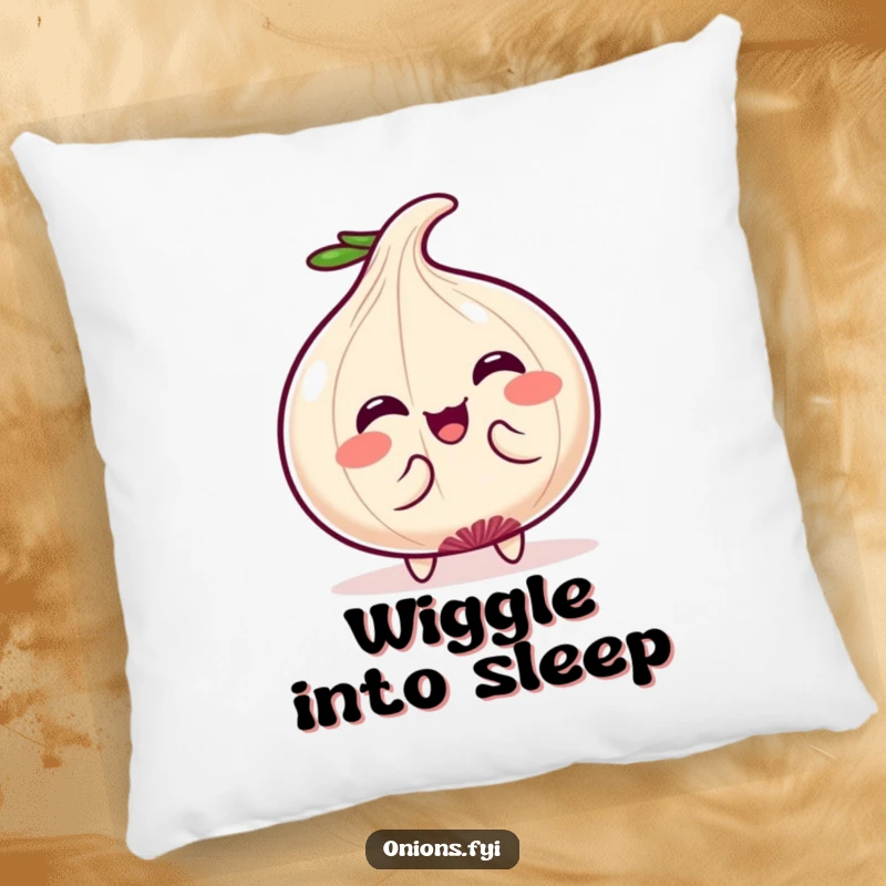 Funny Pillow: Adorable Kawaii onion character doing a funny wiggle, symbolizing joy and playful charm. A cozy funny gift.