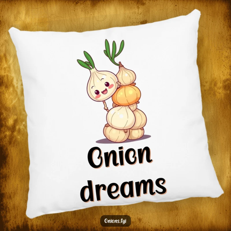 Funny pillow depicting an onion character climbing a wobbly stack, offering soft comfort and a humorous perspective on life's challenges. Cozy gift.