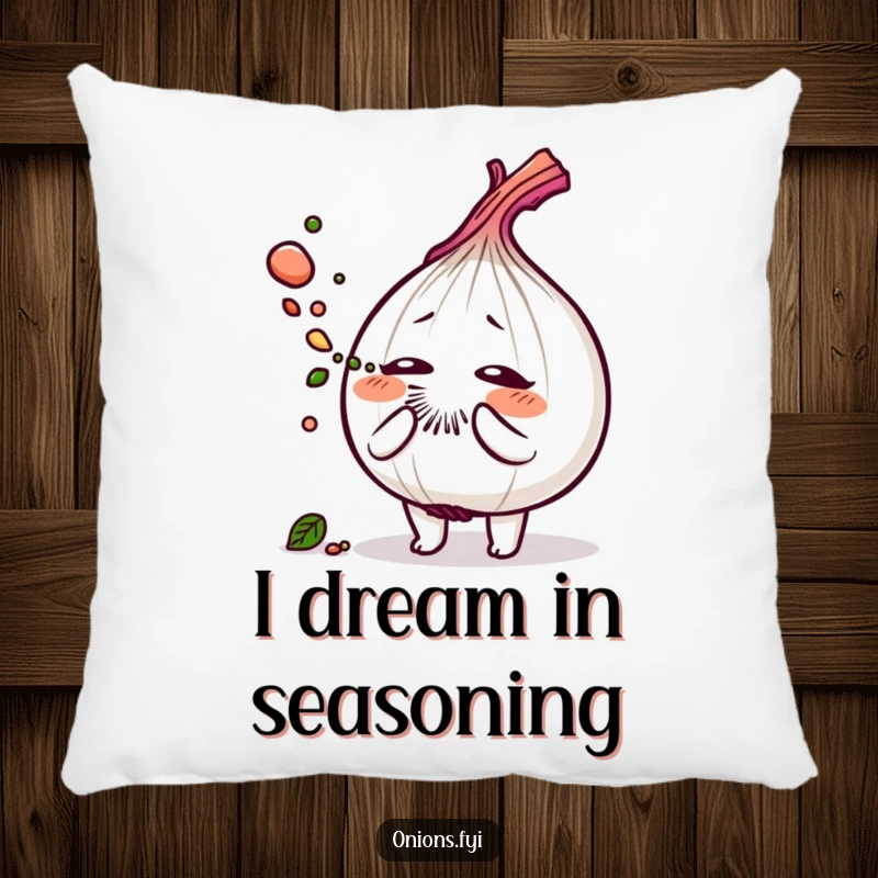 Funny pillow with a charming onion character sneezing a delightful cloud of savory herb dust, perfect for soft decor.