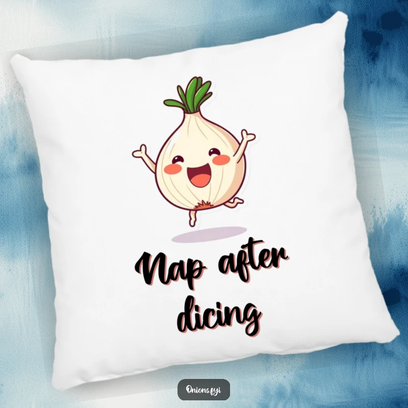 Funny Onion Pillow: A kawaii onion rejoices, joyfully chopped into fun shapes, offering comfort and smiles.