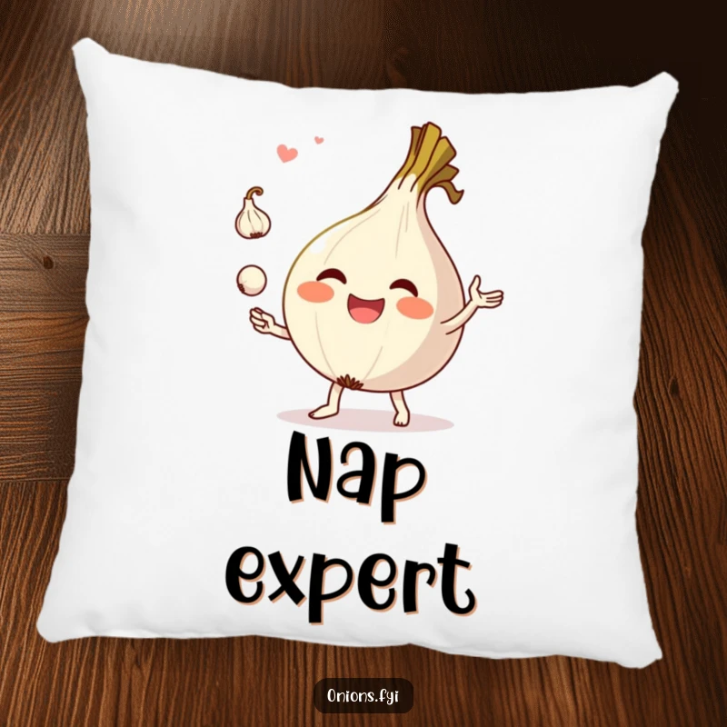 Funny pillow with a happy onion character juggling garlic, perfect for adding comfort and humor to any room.