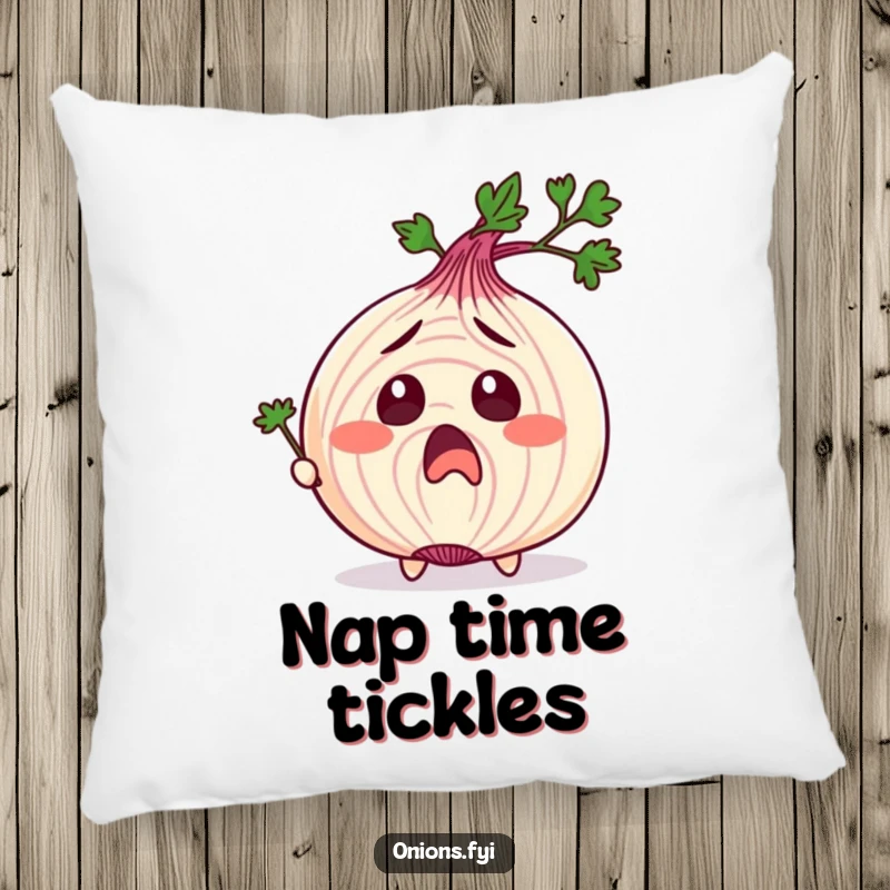 Funny pillow featuring an onion character in exaggerated surprise, being tickled by a parsley sprig, perfect for humorous comfort.