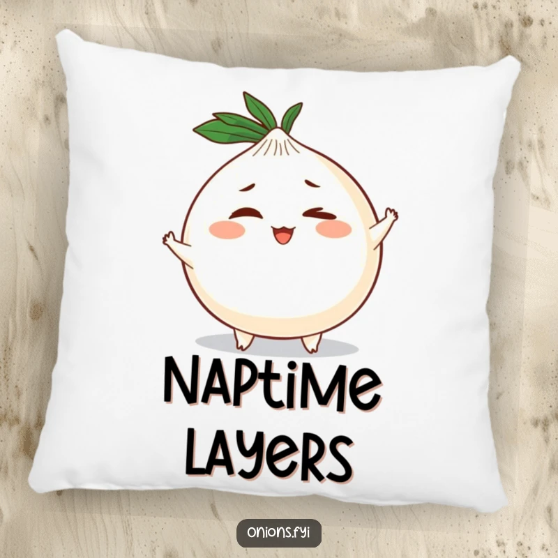 Funny pillow with a plump onion character, tiny limbs, and a mischievous wink, offering comfort and a playful vibe.
