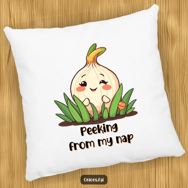Funny pillow featuring a cute onion character peeking from a garden with a friendly, cheerful grin.
