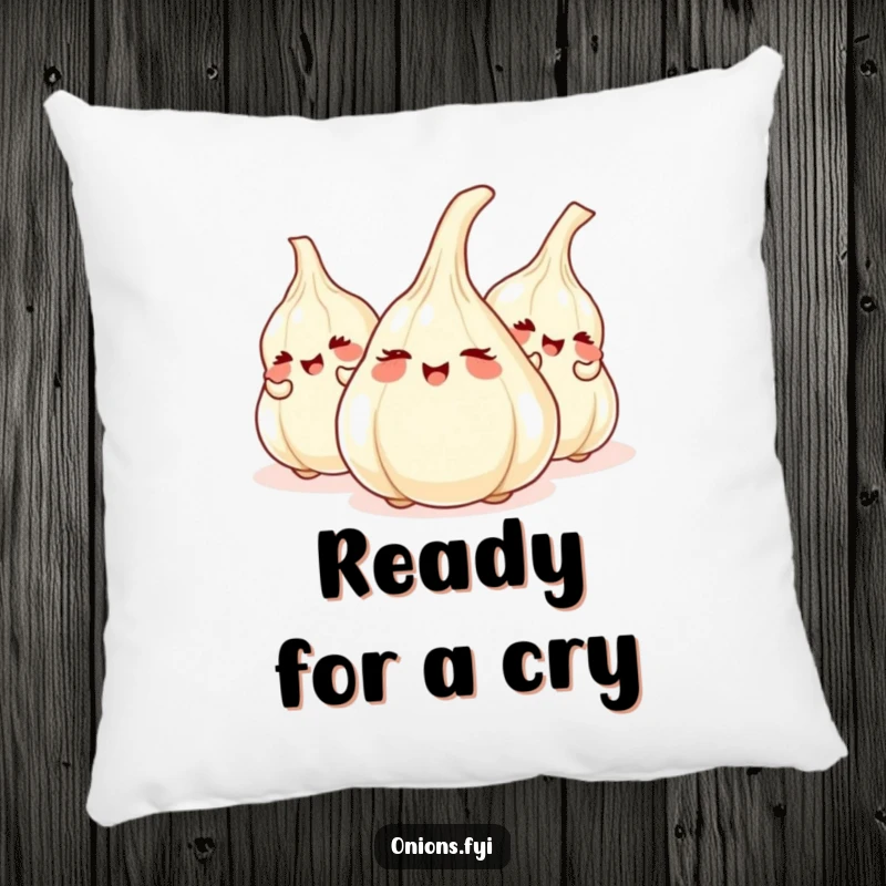 Funny pillow featuring giggling onions playing hide-and-seek behind garlic cloves, a soft and humorous decorative item.