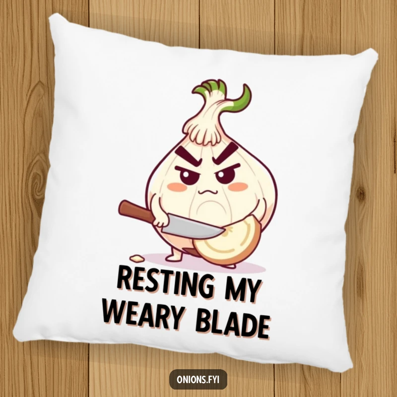 Funny determined onion character chopping a large garlic clove, a soft and humorous pillow.