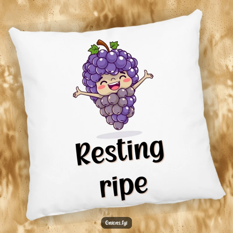 Funny grapes pillow, a bunch of happy grapes playing leapfrog with outstretched arms, comfortable and amusing.