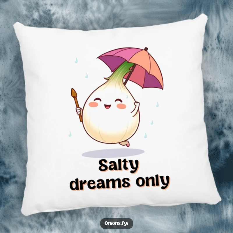 Funny pillow with an onion character dancing in salt rain under a tiny umbrella, a humorous cozy decoration.