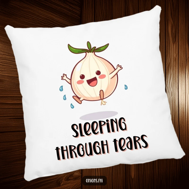 Plush funny onion character doing a cartwheel with tears, a soft and humorous decorative pillow.