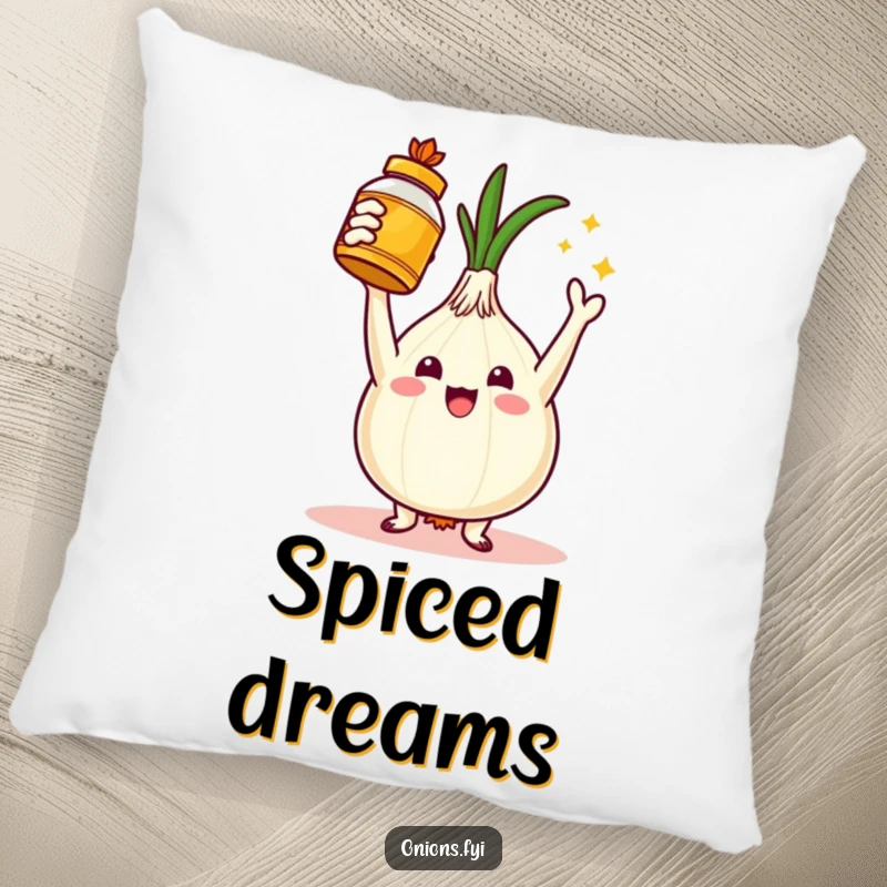 Funny pillow depicting a triumphant onion character holding a golden spice jar, offering soft comfort and a humorous taste of victory. Cozy gift.