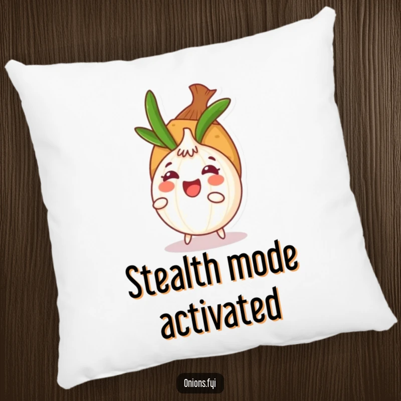 Funny onion character engaged in hide-and-seek behind a potato, printed on a plush pillow, offering both comfort and humorous appeal.