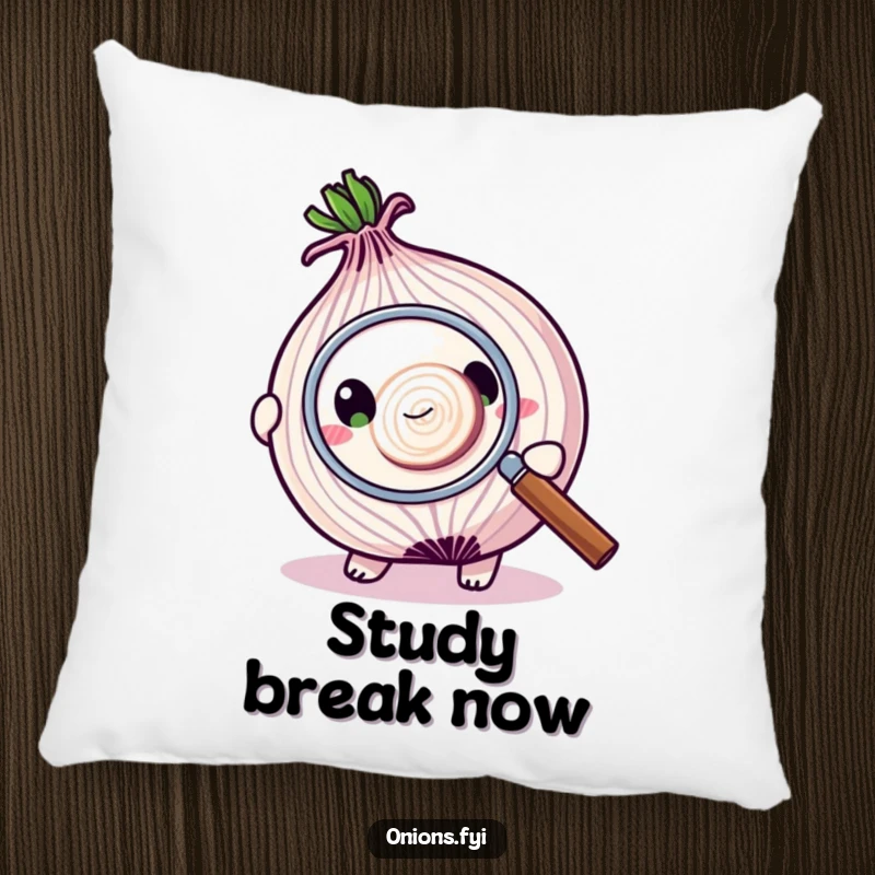 Funny pillow showing an onion character using a magnifying glass to examine a tiny onion slice, providing comfort and humor.