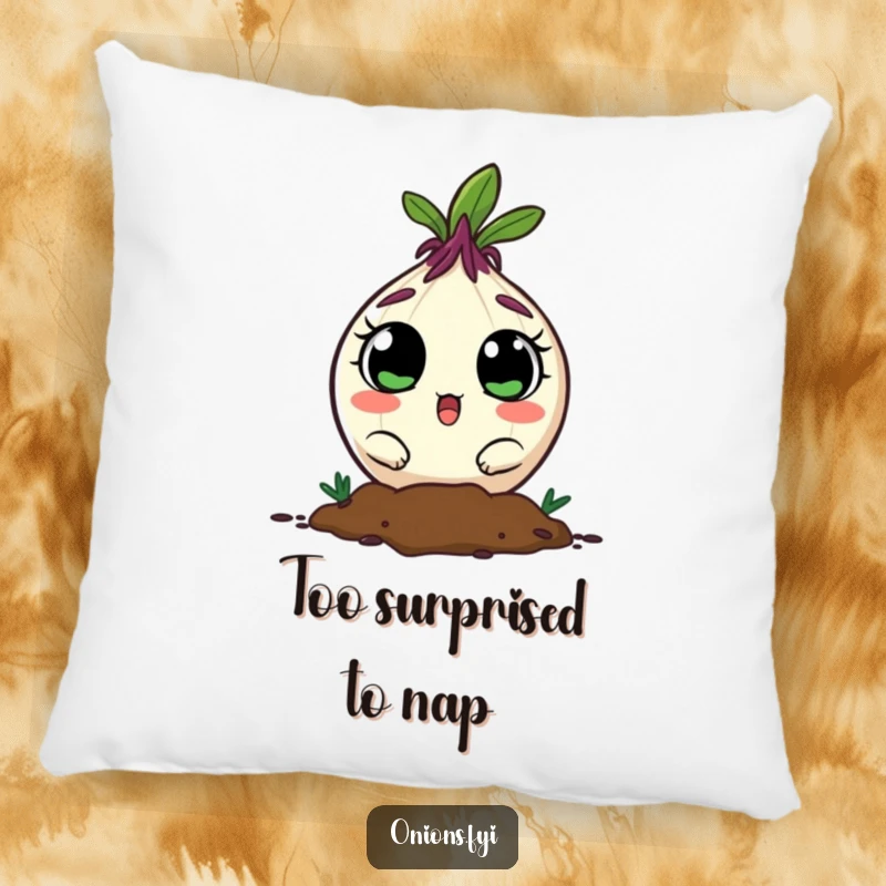 Funny onion peeking from soil with surprised eyes, on a soft and humorous pillow.