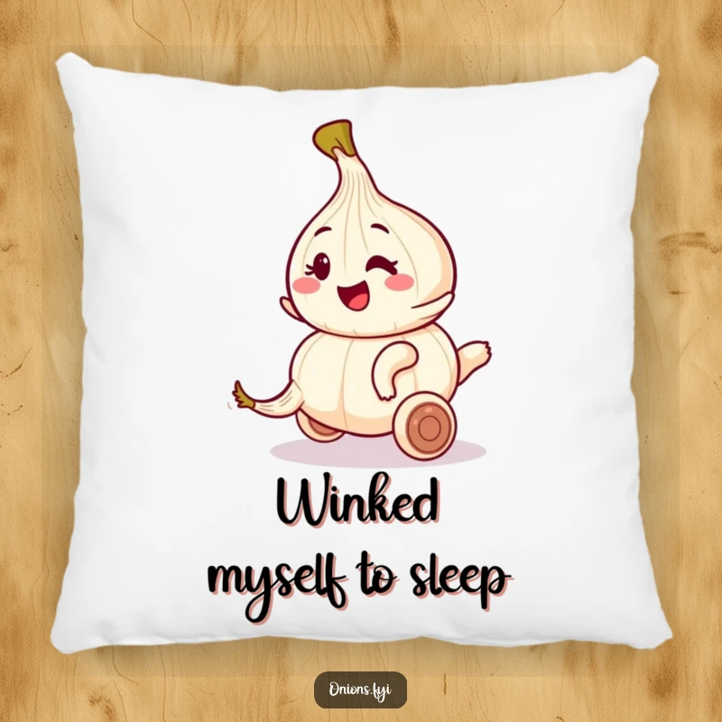 Funny pillow with a winking onion riding a rolling garlic clove, adding a touch of playful comfort.