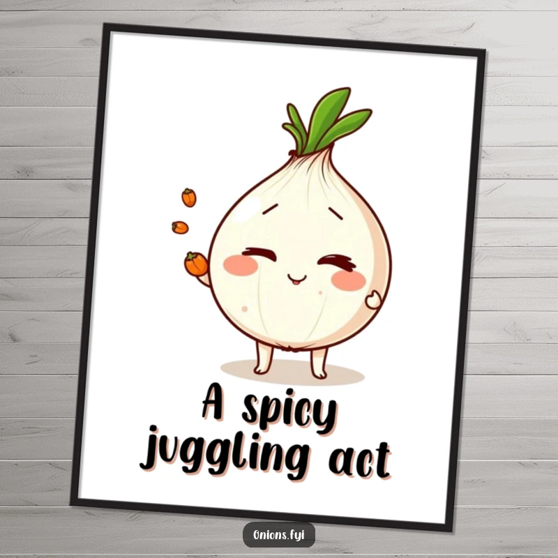 Funny onion character winking, juggling peppercorns, humorous digital art print for home decor, instant download.