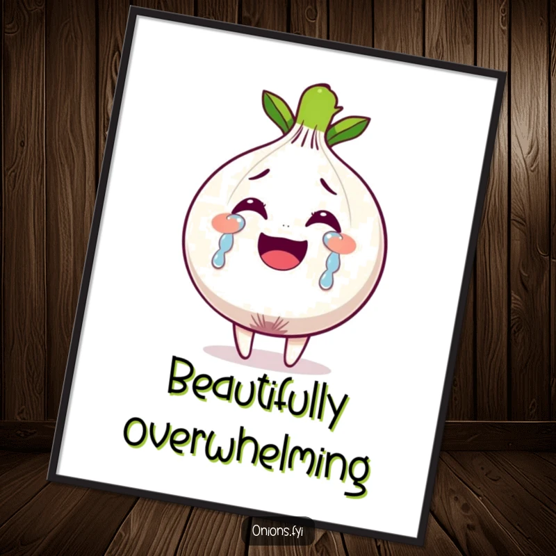 Funny digital art print of an onion character shedding tears of joy, embodying the beauty of overwhelming happiness.