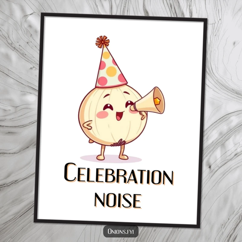 Funny Digital Art Print: Onion character in party hat comically honking horn, radiating pure festive joy and humor. A unique funny gift.