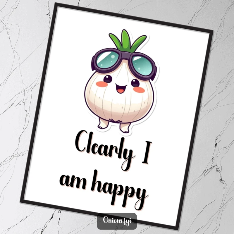 Funny goggle onion digital art print, an onion character wearing oversized goggles, looking surprisingly happy, whimsical adventure art.