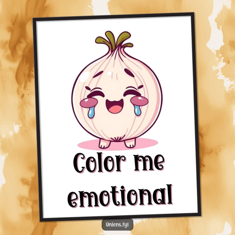 Funny rainbow tears onion digital art print, an onion character smiling and crying vibrant rainbow tears, emotional art.