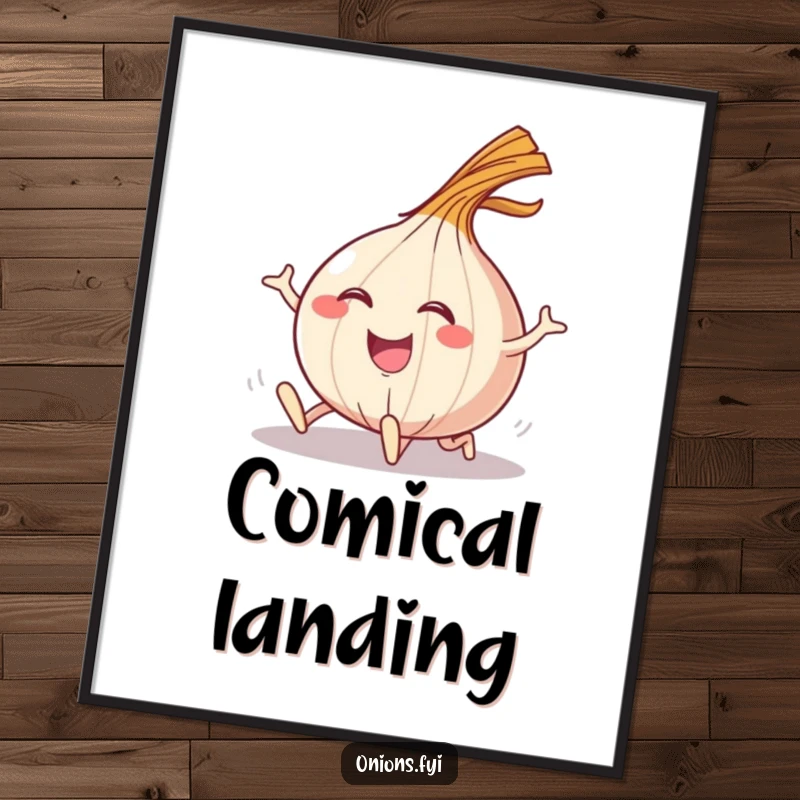 Funny digital art print of a happy onion character tripping and executing a comical flourish.