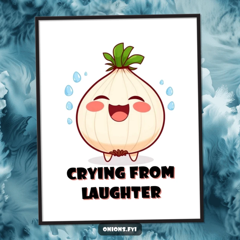 Funny digital art print of an onion character laughing uncontrollably, with dramatic water droplets flying to emphasize the mirth.