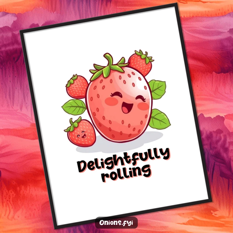 Funny digital art of a joyful strawberry rolling downhill with pure delight, perfect for vibrant home or digital decor.