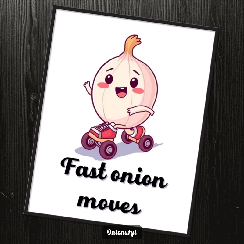 Funny digital art print of a happy onion character wearing tiny roller skates and zooming with joy, adding energy.