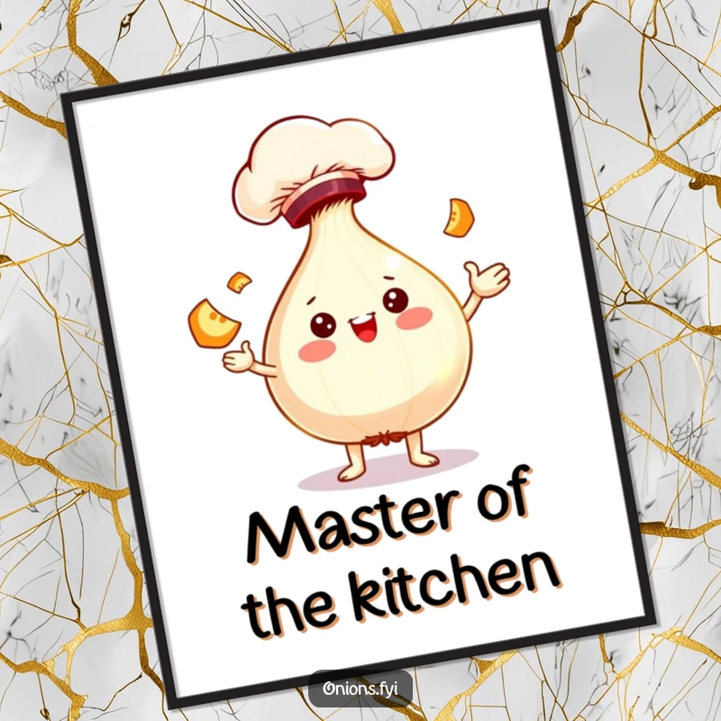 Funny chef onion character juggling slices, high-resolution digital art print for instant, humorous wall decor.