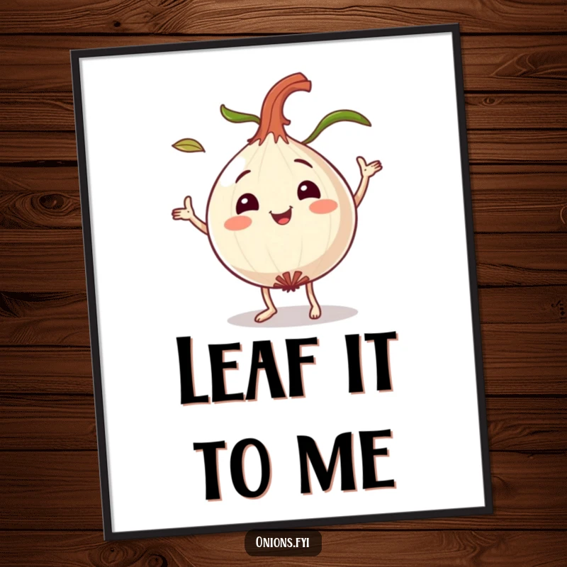 Funny dancing onion digital art print, a smiling onion character playfully dancing with leaves flying, vibrant and joyful art.