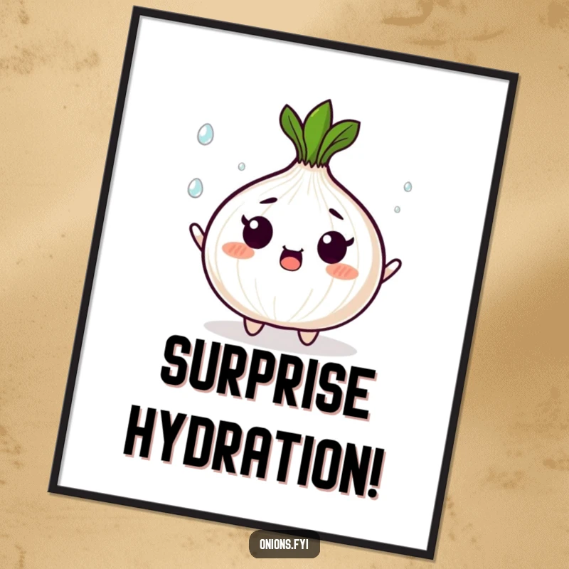 Funny digital art print of a surprised onion character juggling tiny, shining droplets, perfect for dynamic and humorous decor.