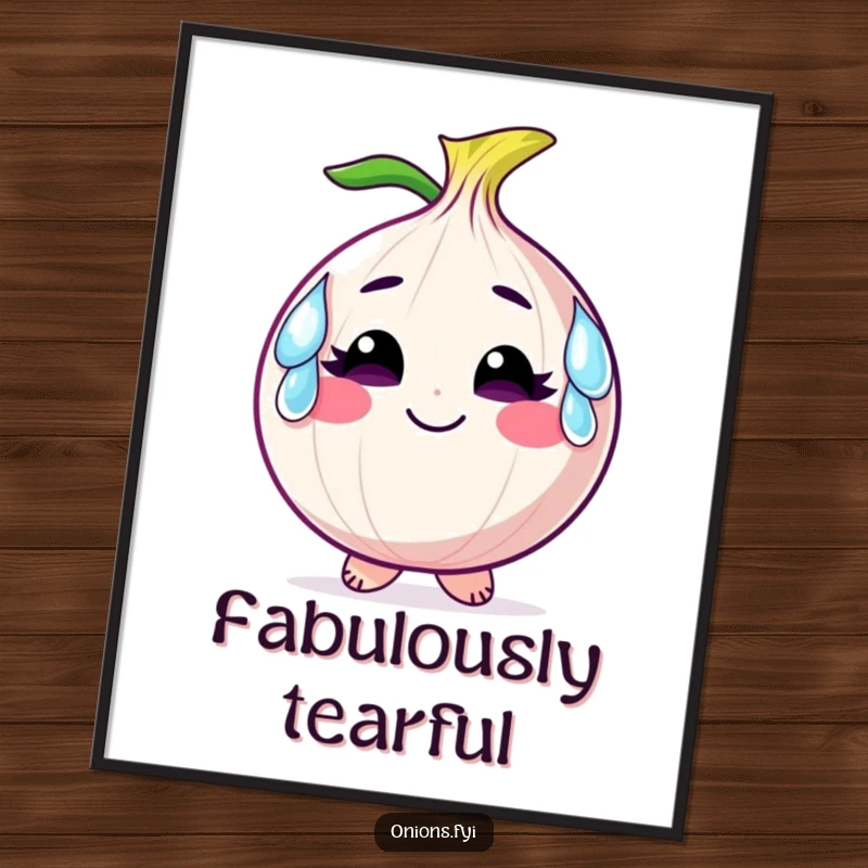 Funny digital art print of a smiling onion character wearing comical tears as earrings, perfect for emotional and humorous decor.