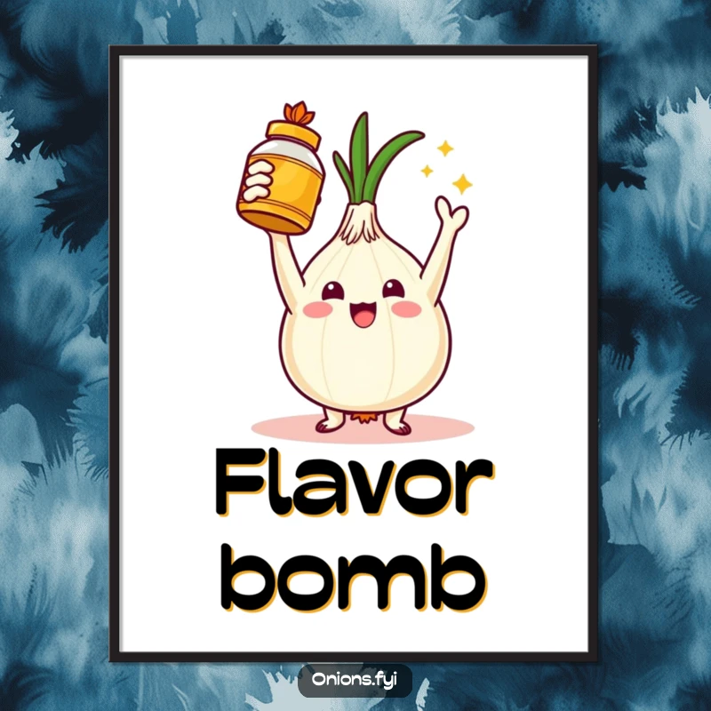 Funny digital art print of a triumphant onion character holding a golden spice jar, symbolizing culinary success. Instant download for decor.