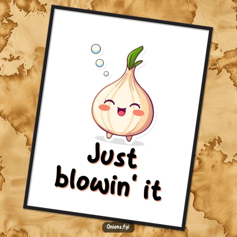 Funny Onion Digital Art Print of a happy onion blowing a stream of tiny bubbles, for instant wall decor.