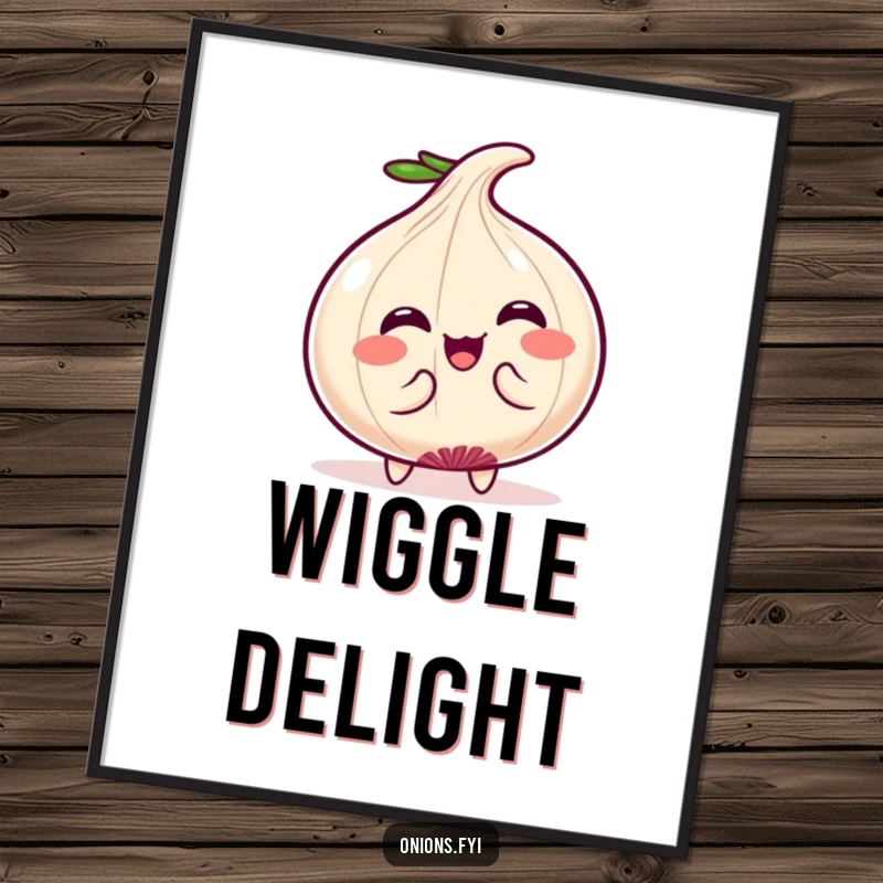 Funny Digital Art Print: Adorable Kawaii onion character performing a funny wiggle, showcasing pure joy and charming cuteness. A unique funny gift.